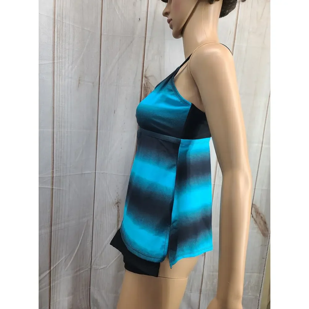 Women M Blue & Black Ombre Tankini Set Swimsuit Racerback Straps